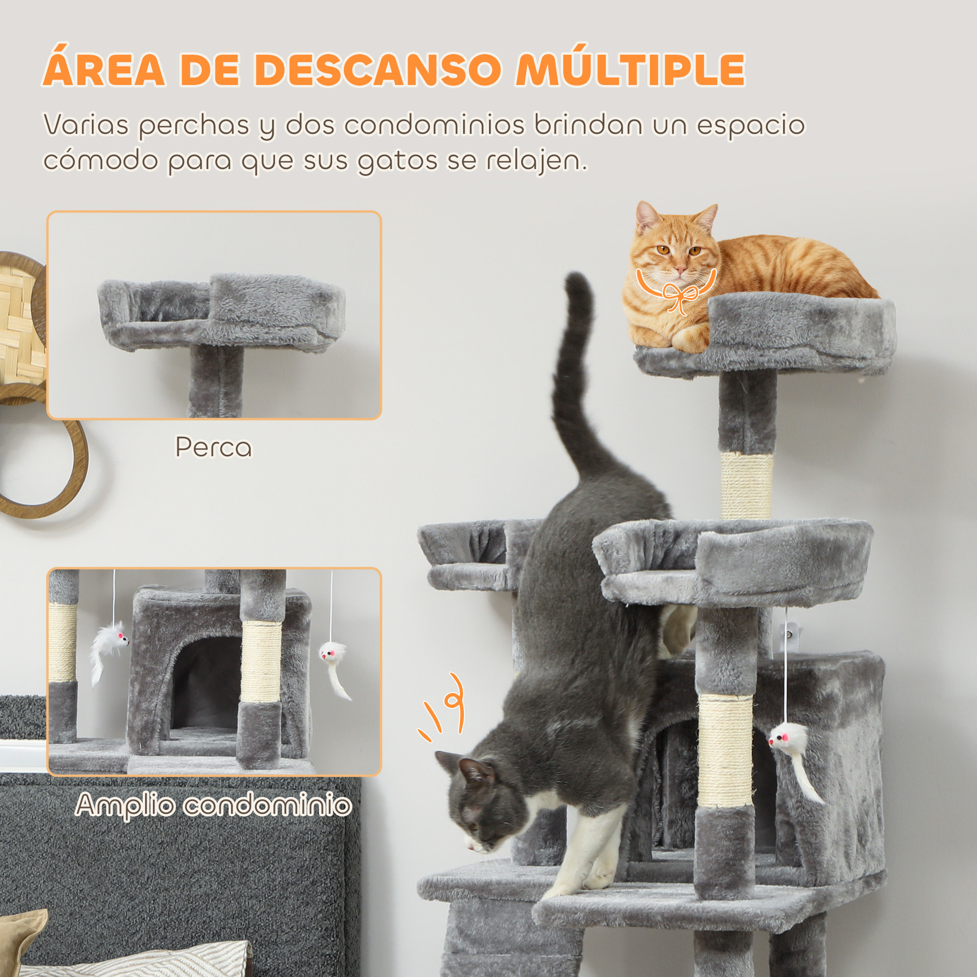 Árbol Rascador para Gatos, Árbol para Gatos 153 cm, Torre Escalador con 2 Cuevas, 3 Camas, 2 Rampas, Postes de Sisal, 2 Ratones Colgantes, Gris