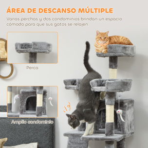 Árbol Rascador para Gatos, Árbol para Gatos 153 cm, Torre Escalador con 2 Cuevas, 3 Camas, 2 Rampas, Postes de Sisal, 2 Ratones Colgantes, Gris