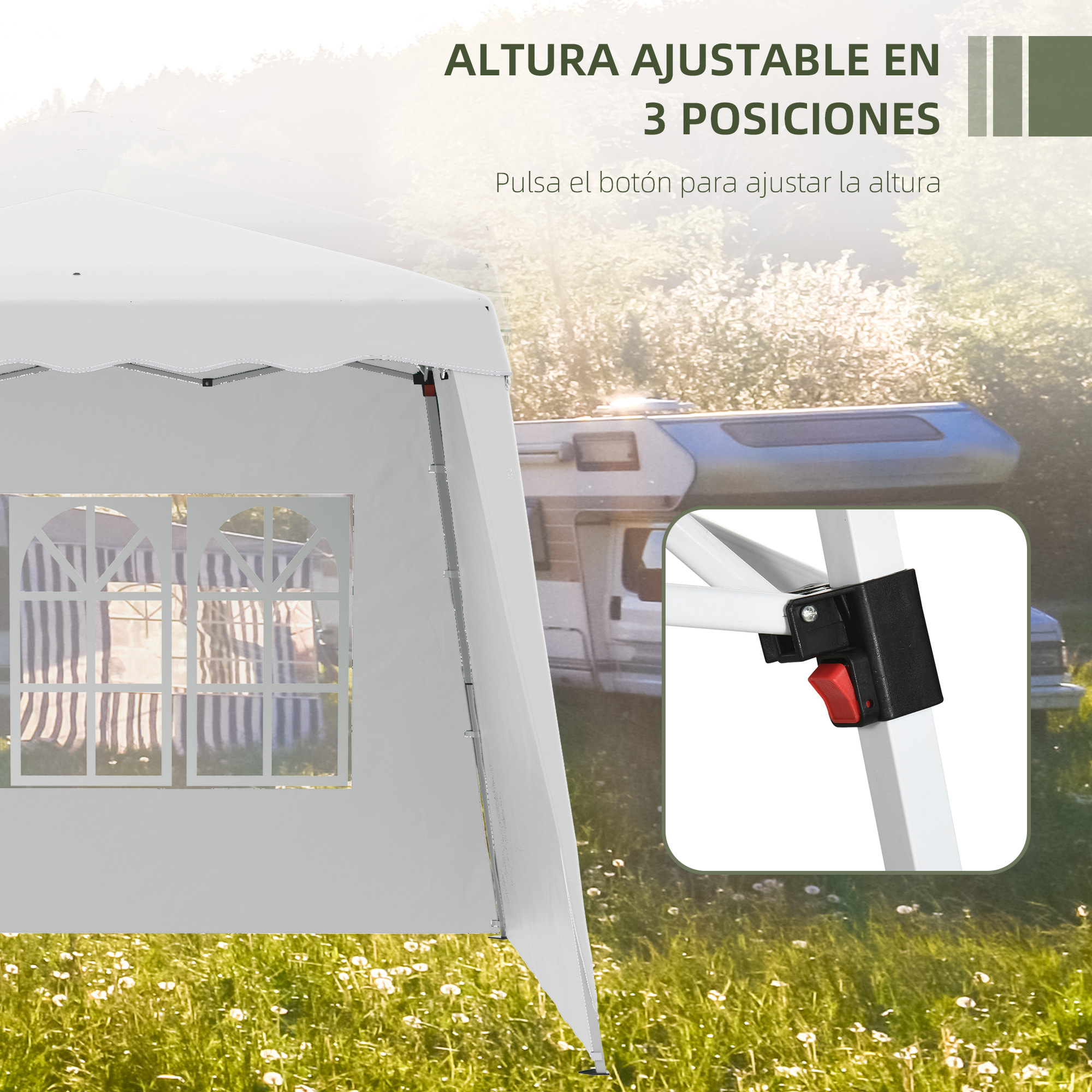 Carpa Plegable con 2 Paredes Laterales 2,89x2,89 m Cenador Pabellón de Jardín con Altura Ajustable y Bolsa de Transporte Protección UV50+ para Exterior Patio Blanco