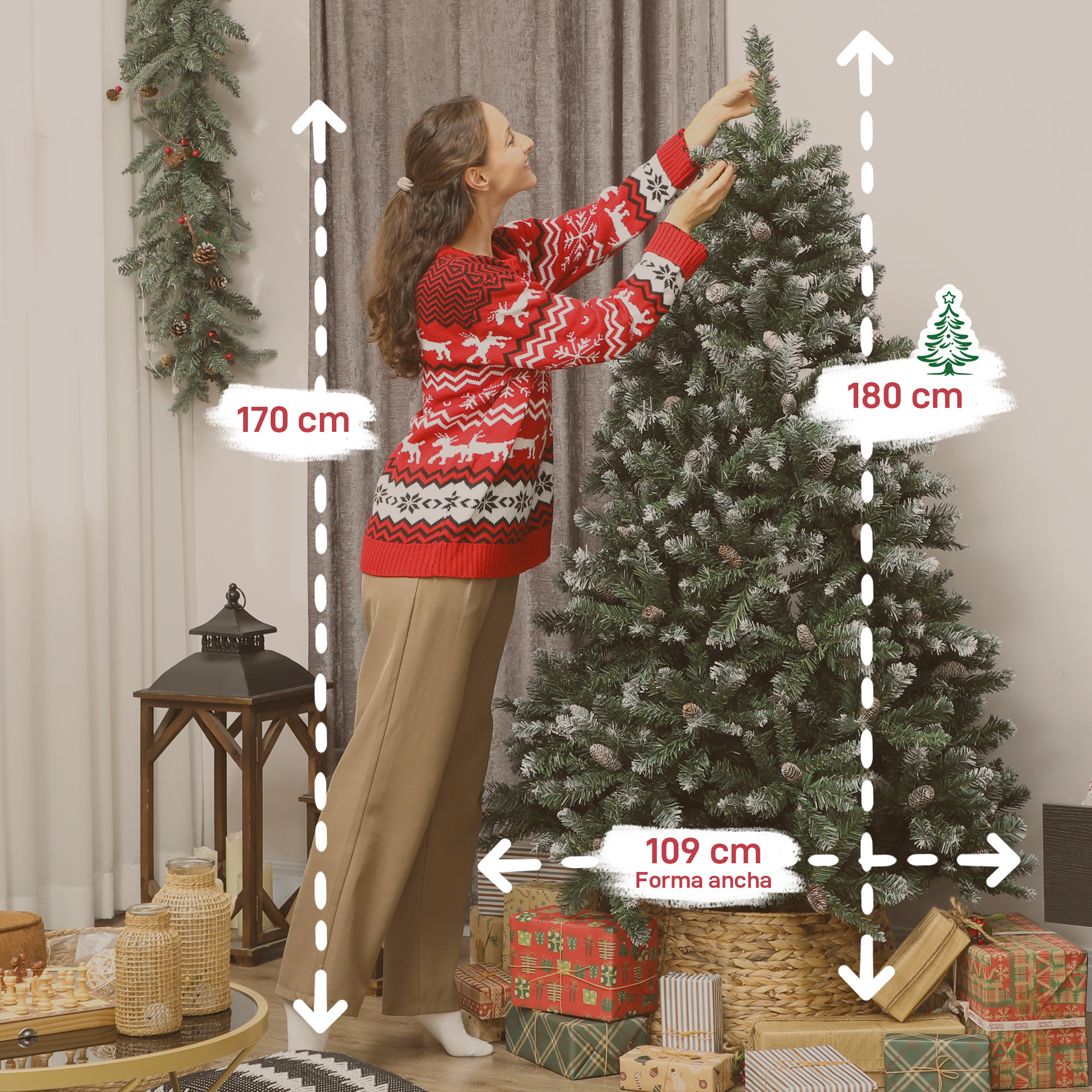 Árbol de Navidad Artificial 180 cm, Árbol de Navidad con 910 Ramas Densas con Nieve, 58 Piñas y Soporte Metálico Plegable, Fácil Montaje, para Salón, Interior, Verde