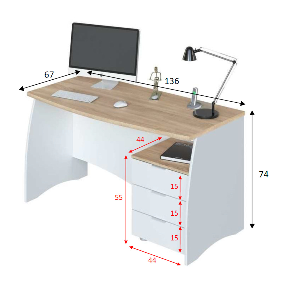 Scrivania con 3 Cassetti Bliss Scrittoio da Studio o Ufficio Mobile Desk da Soggiorno Sala da Pranzo 136 x 74 x 67 cm Colore Bianco e Rovere