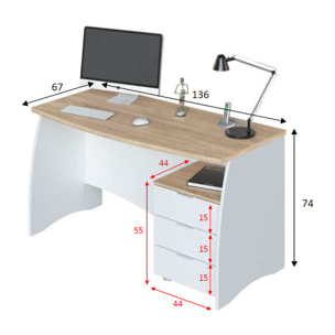 Scrivania con 3 Cassetti Bliss Scrittoio da Studio o Ufficio Mobile Desk da Soggiorno Sala da Pranzo 136 x 74 x 67 cm Colore Bianco e Rovere