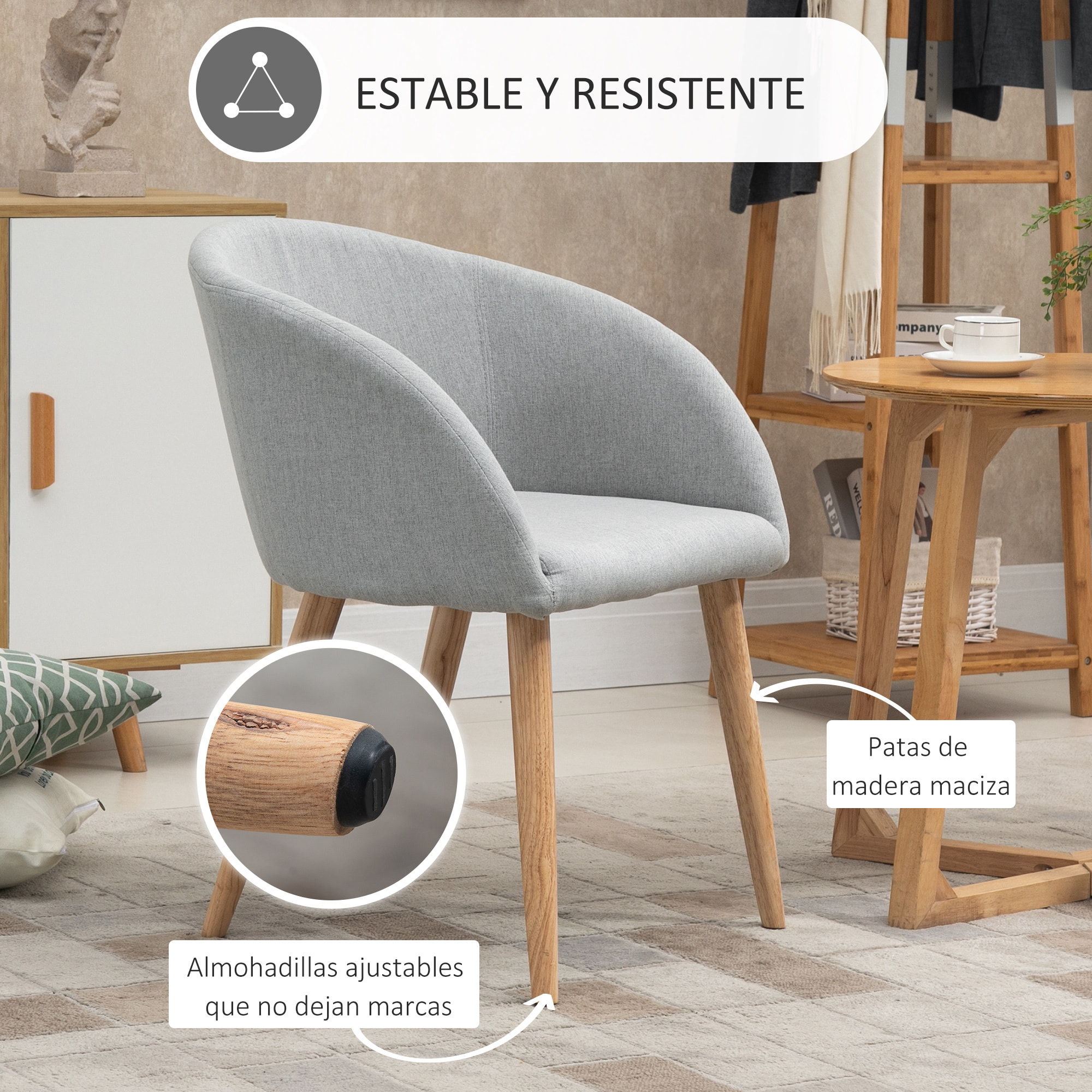 HOMCOM Silla de Comedor Tapizada en Lino Sintético Transpirable con Asiento Acolchado y Patas de Madera Silla de Ocio Moderna para Salón Dormitorio 55x58x74 cm Gris