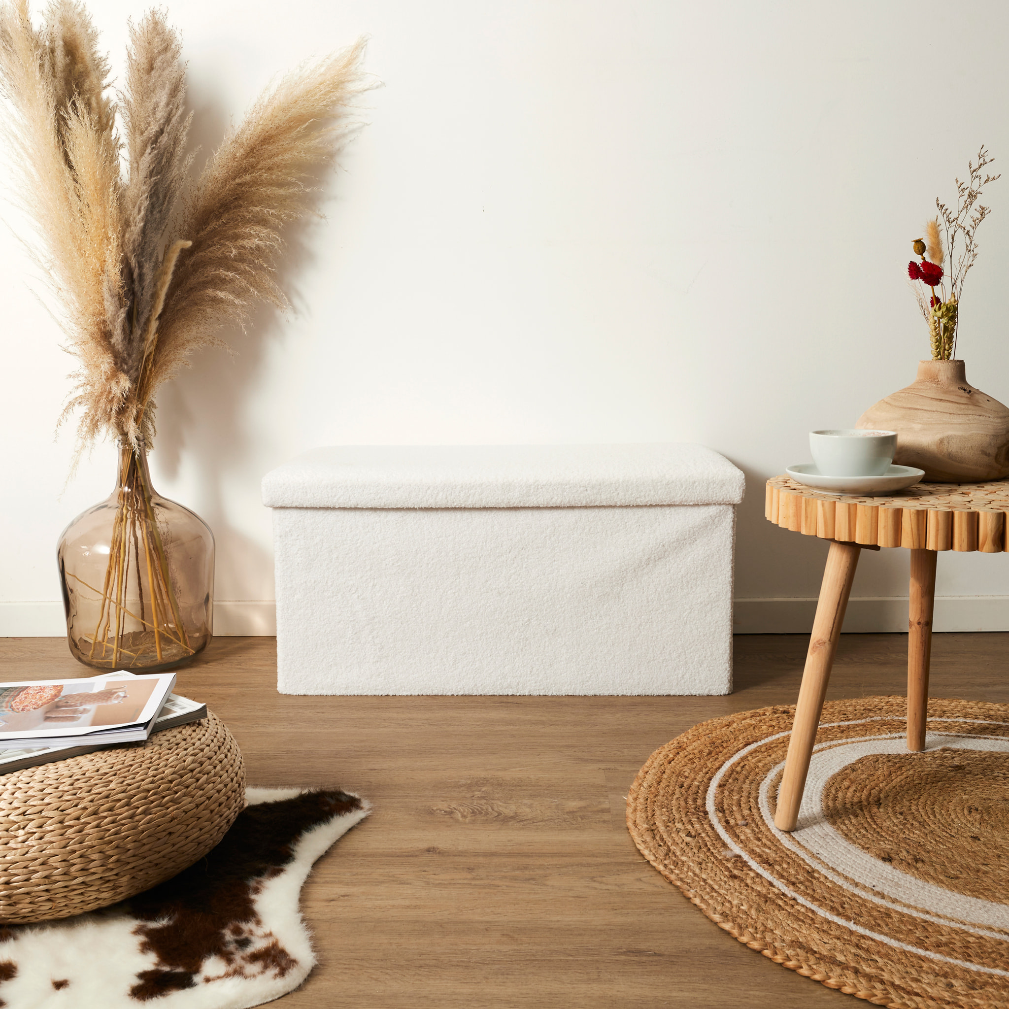 Coffre Banc Pliable Bouclette Blanc