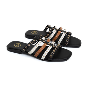 Ciabatta flat tricolor con occhielli - NERO