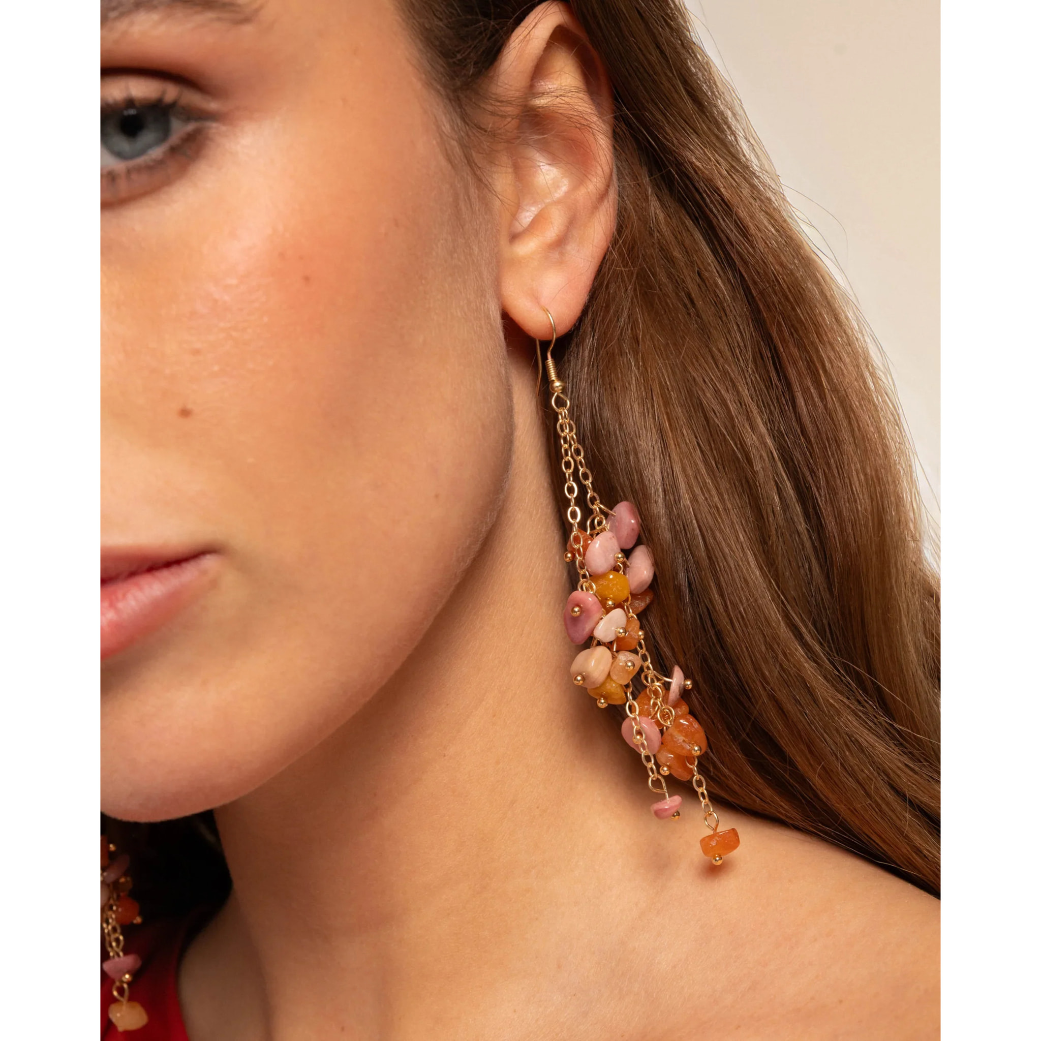 Pendientes de mujer de acero con doble cadena y piedras