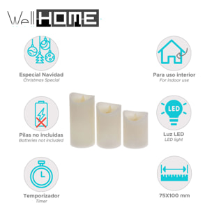 juego de 3 velas led con efecto cera y llama oscilante con mando a distancia