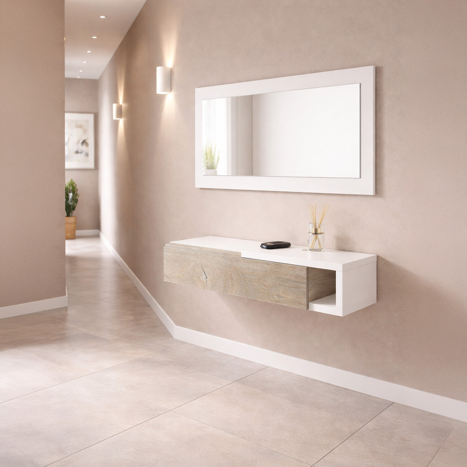 Mobile Maiorca Mobiletto da Ingresso Sospeso con Cassetto Mensola e Specchio Arredo Arredamento Sala 95 x 19 x 26 cm Bianco e Rovere Alaska