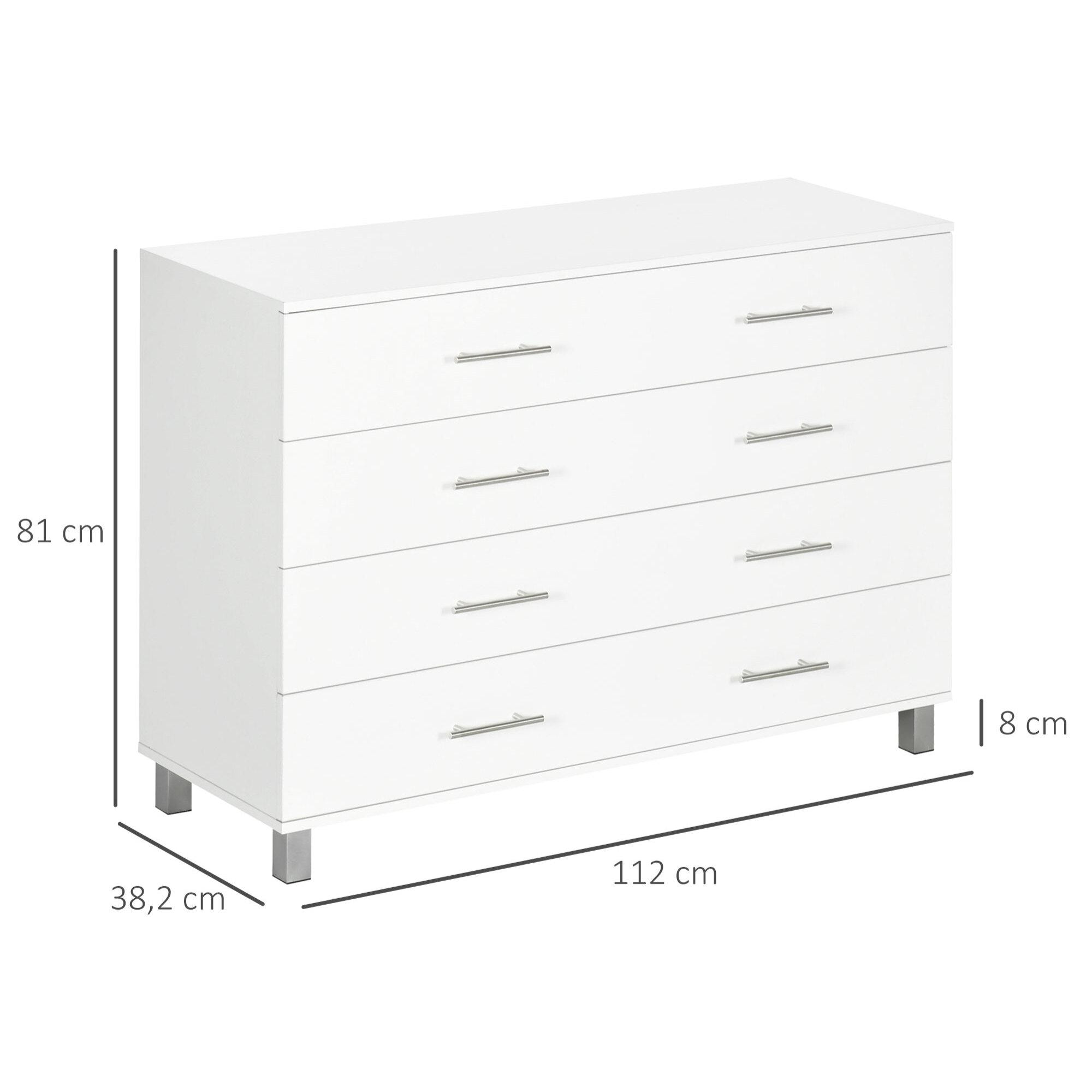 Cómoda con 4 Cajones Cómoda de Dormitorio de Madera con Patas Cómoda de Noche Moderno para Salón Oficina Entrada 112x38,2x81 cm Blanco