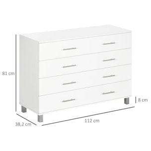 Cómoda con 4 Cajones Cómoda de Dormitorio de Madera con Patas Cómoda de Noche Moderno para Salón Oficina Entrada 112x38,2x81 cm Blanco