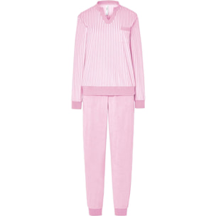 Pijama mujer suave tejido de rayas con escote y aberturas elásticas, manga larga y pantalón largo