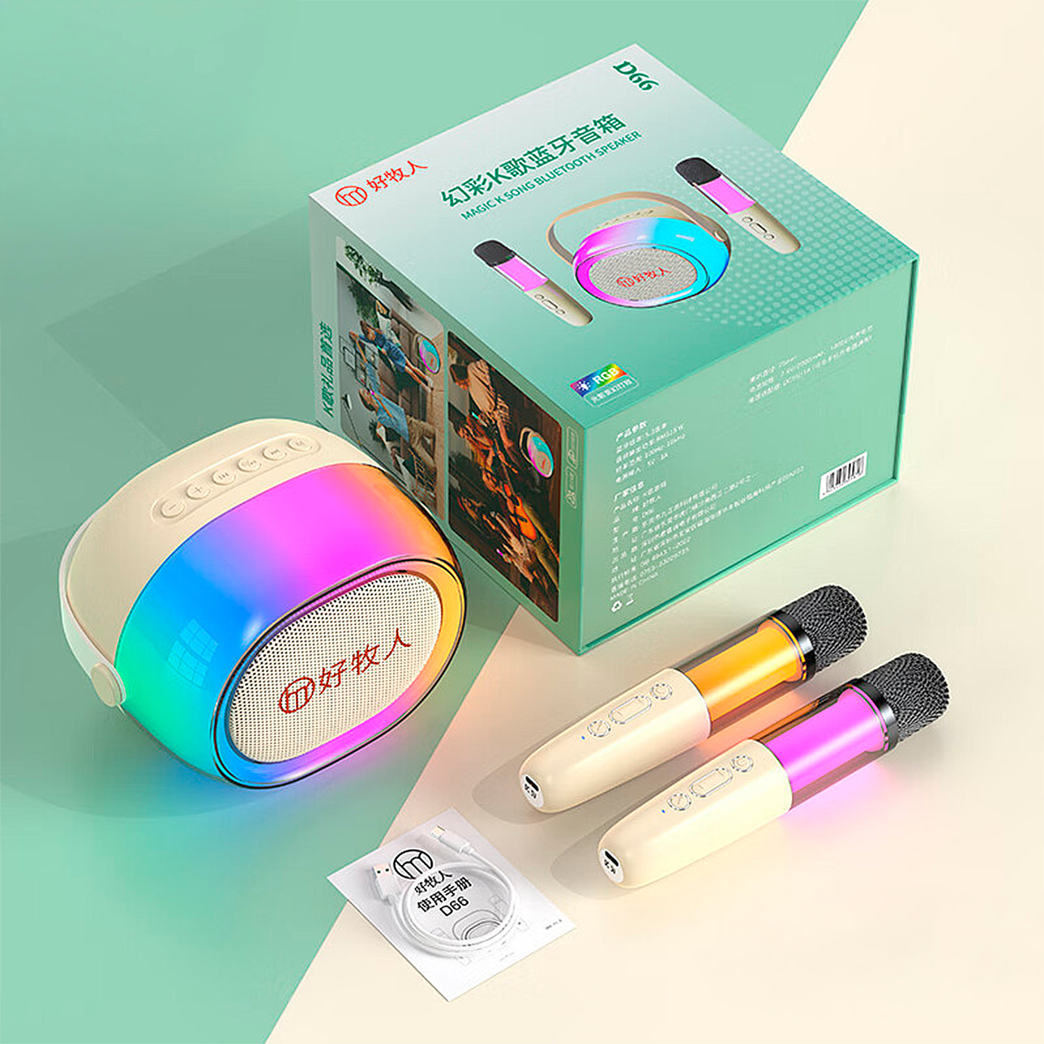 Altoparlante wireless per karaoke con due microfoni. Bluetooth 5.3 e 4 modalità vocali.