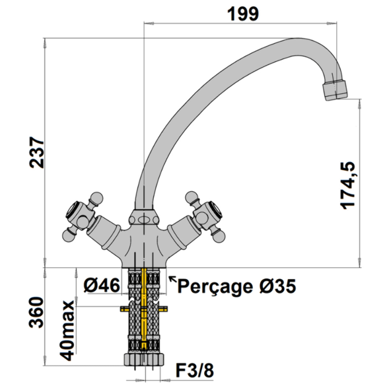 Mélangeur de cuisine bec col de cygne mobile PAINI Tiffany Terre de France