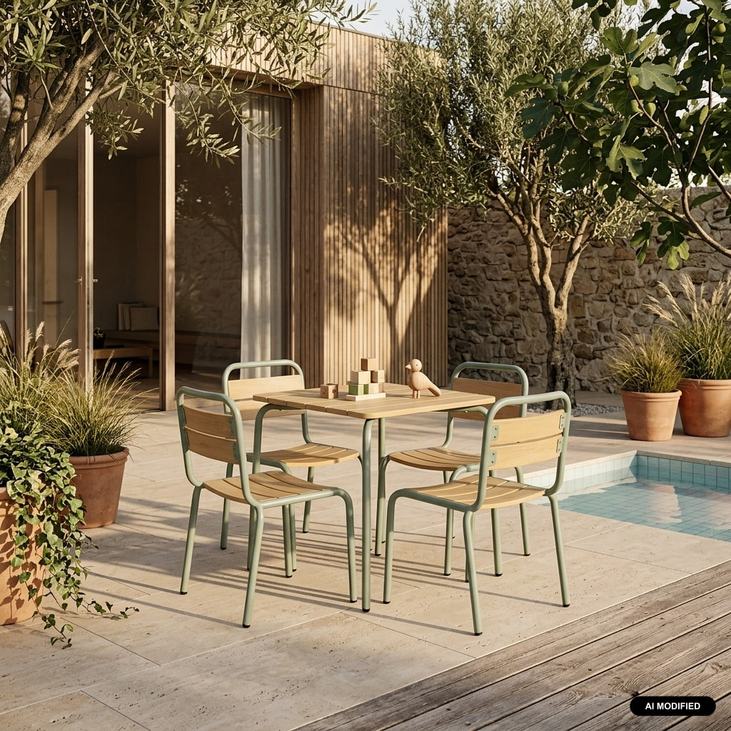 Table de jardin enfant acier et décor bois + 4 assises SUZIE