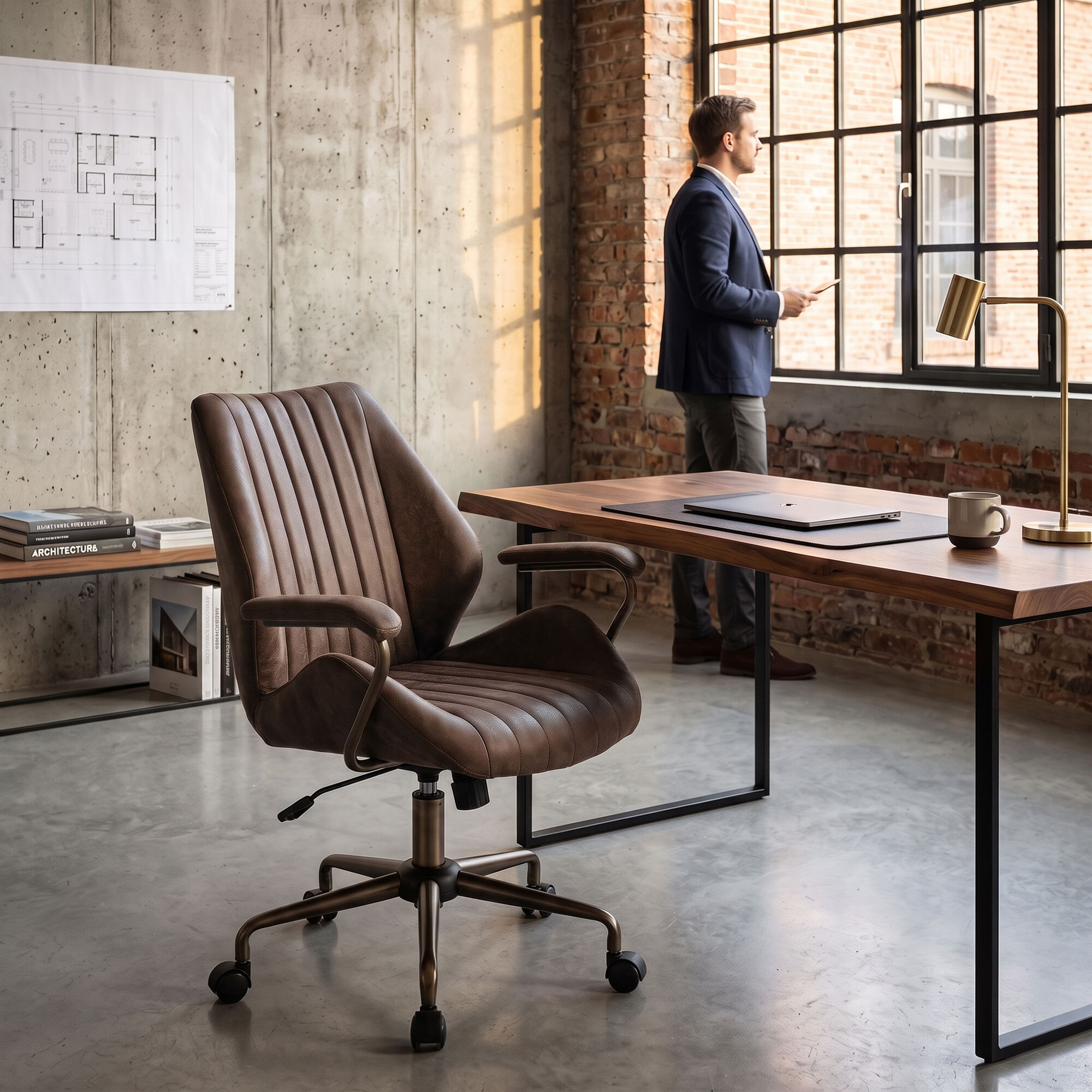 Havana - Sedia Da Ufficio 45x92x37 cm Poltrona Industrial Chic in Similpelle Base a Stella in Bronzo Spazzolato