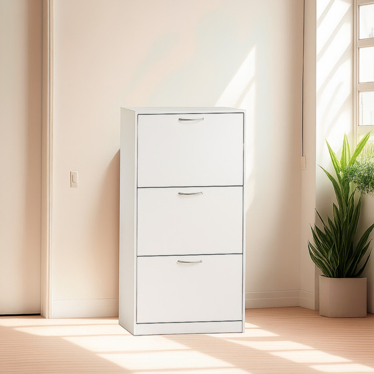 Scarpiera 3 ante salvaspazio in finitura rovere, mobile porta scarpe compatto fino a 18 paia, design moderno e funzionale, ideale per ingresso e corridoio, struttura resistente, facile da montare con istruzioni e accessori inclusi