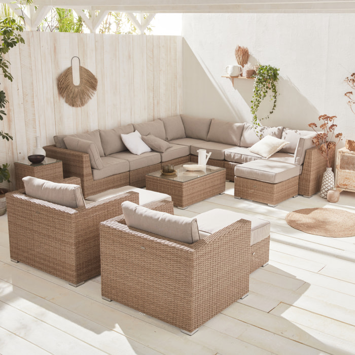 Salon de jardin Premium en résine tressée arrondie XXL – VERONA – Résine naturelle style osier. coussins beiges – 12 à 14 places