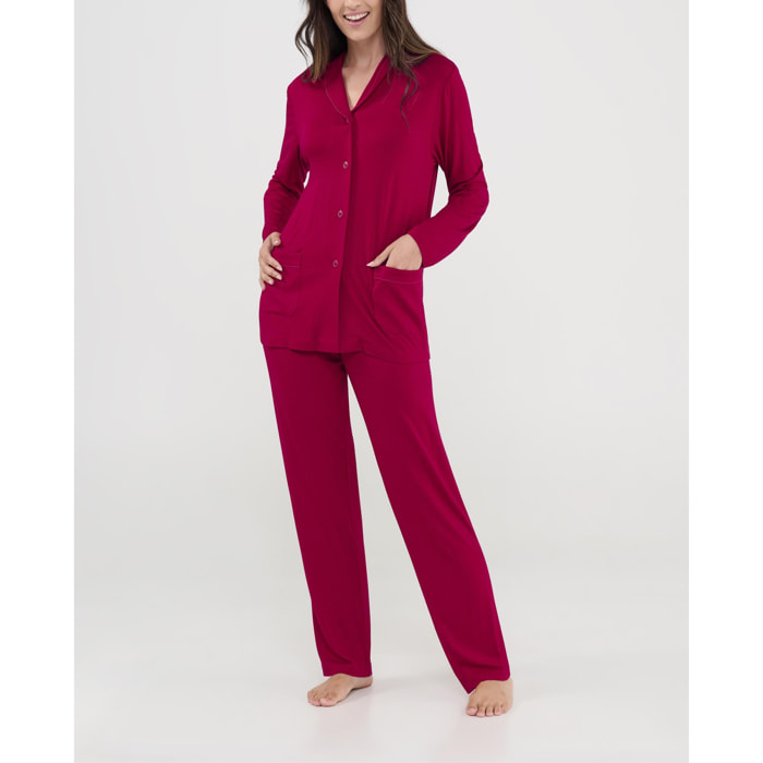 Pijama mujer modal liso, abierto con botones, con bolsillos de plastón, manga larga y pantalón largo
