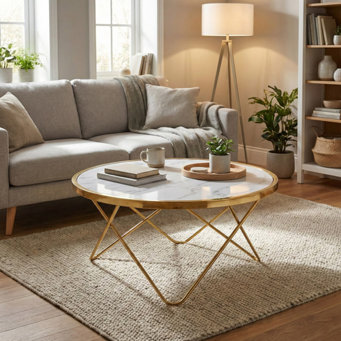 Tavolino design con gambe dorate e piano effetto marmo bianco - Izmo