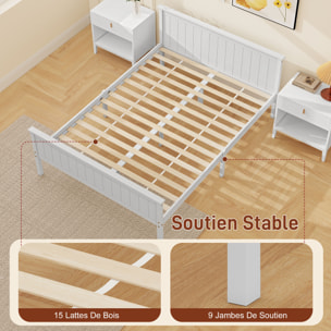 Lit double bois de pin blanc rainuré - tête de lit, pied de lit et sommier - 210L x 148l x 82H cm - compatible matelas 200L x 140l cm
