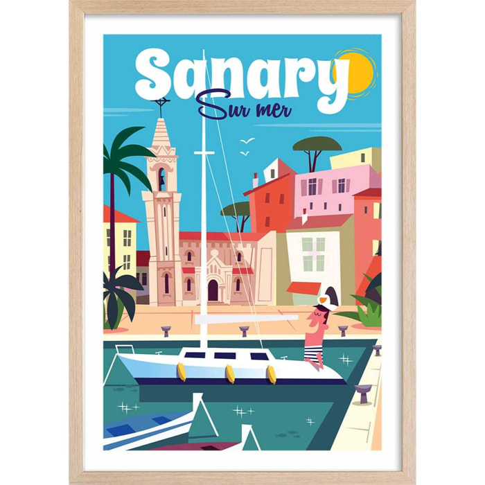 Affiche Vacances à Sanary Affiche + cadre en bois - Chêne