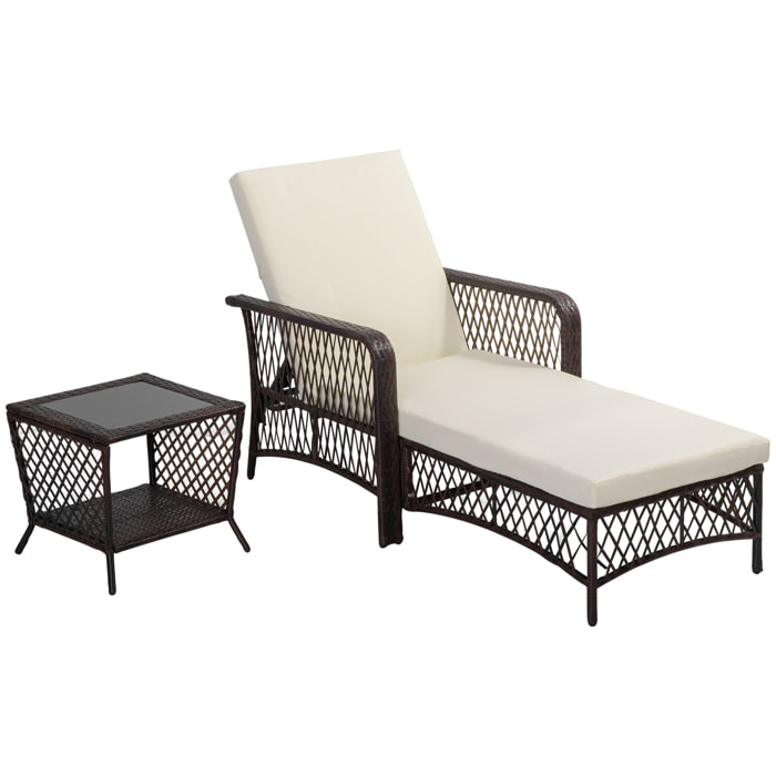 Bain de soleil transat design colonial avec table basse et matelas - dossier inclinable - résine tressée, polyester - marron crème