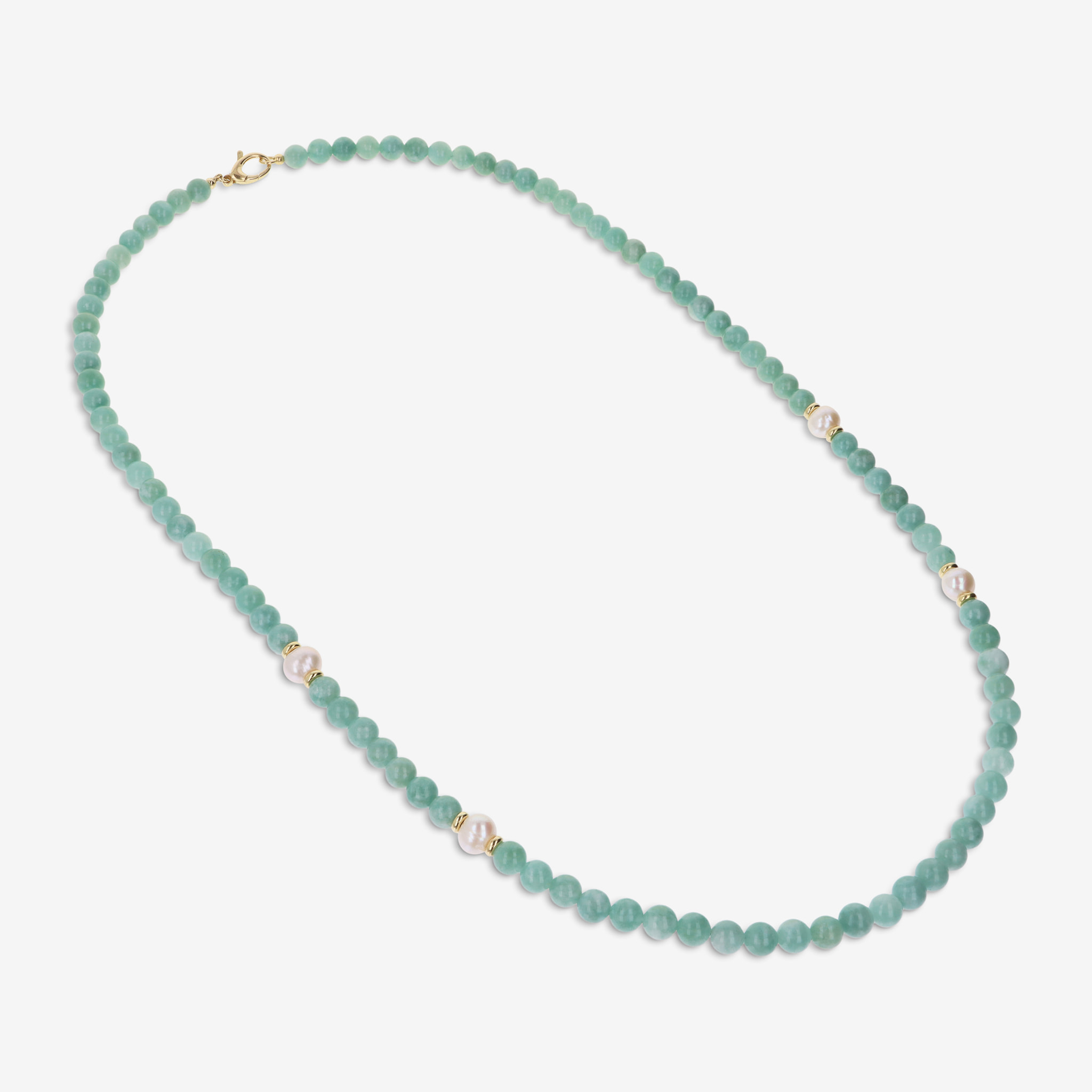 PERLAVIVA - Collana Lunga in Argento 925 placcato Oro Giallo 18kt con Quarzite Verde e Perle d'Acqua Dolce Bianche Ø 9/10 mm