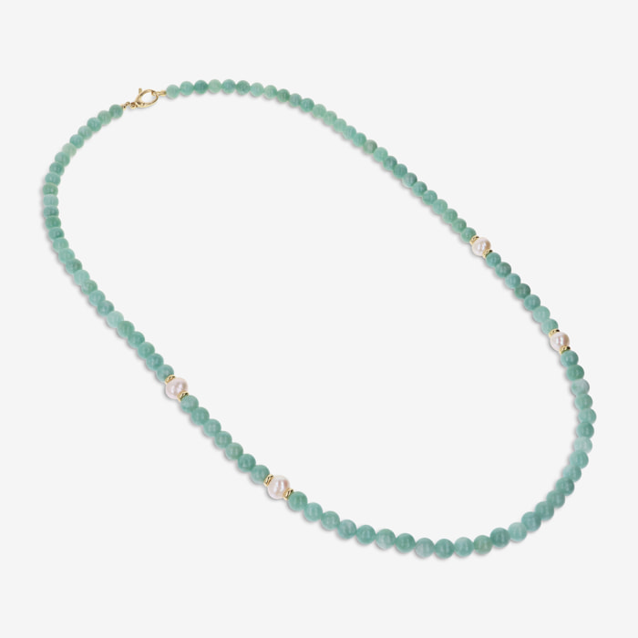 PERLAVIVA - Collana Lunga in Argento 925 placcato Oro Giallo 18kt con Quarzite Verde e Perle d'Acqua Dolce Bianche Ø 9/10 mm