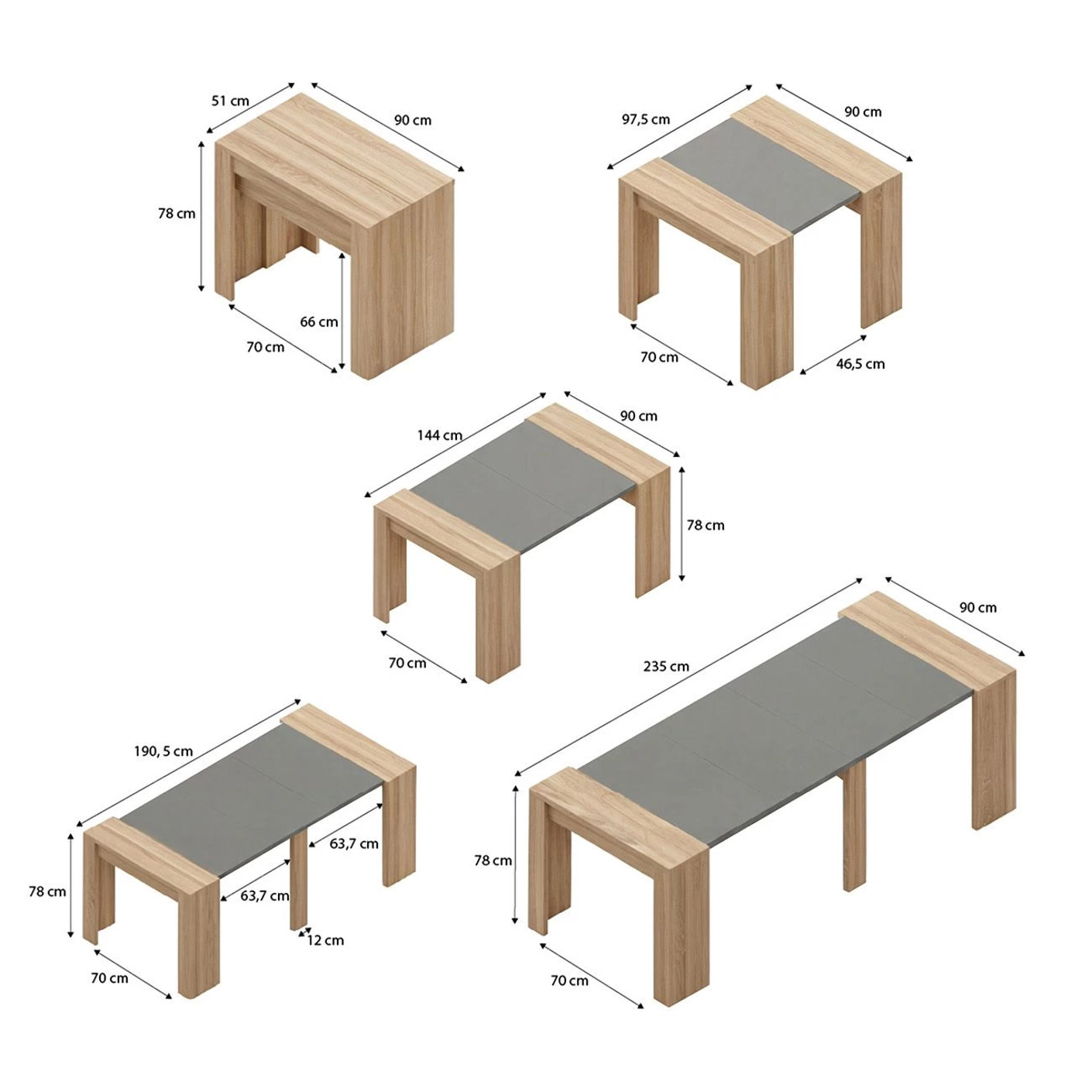 Mesa consola extensible en roble canadian y gris grafito 50-235x90 cm Denis Roble Canadian - Gris Grafito