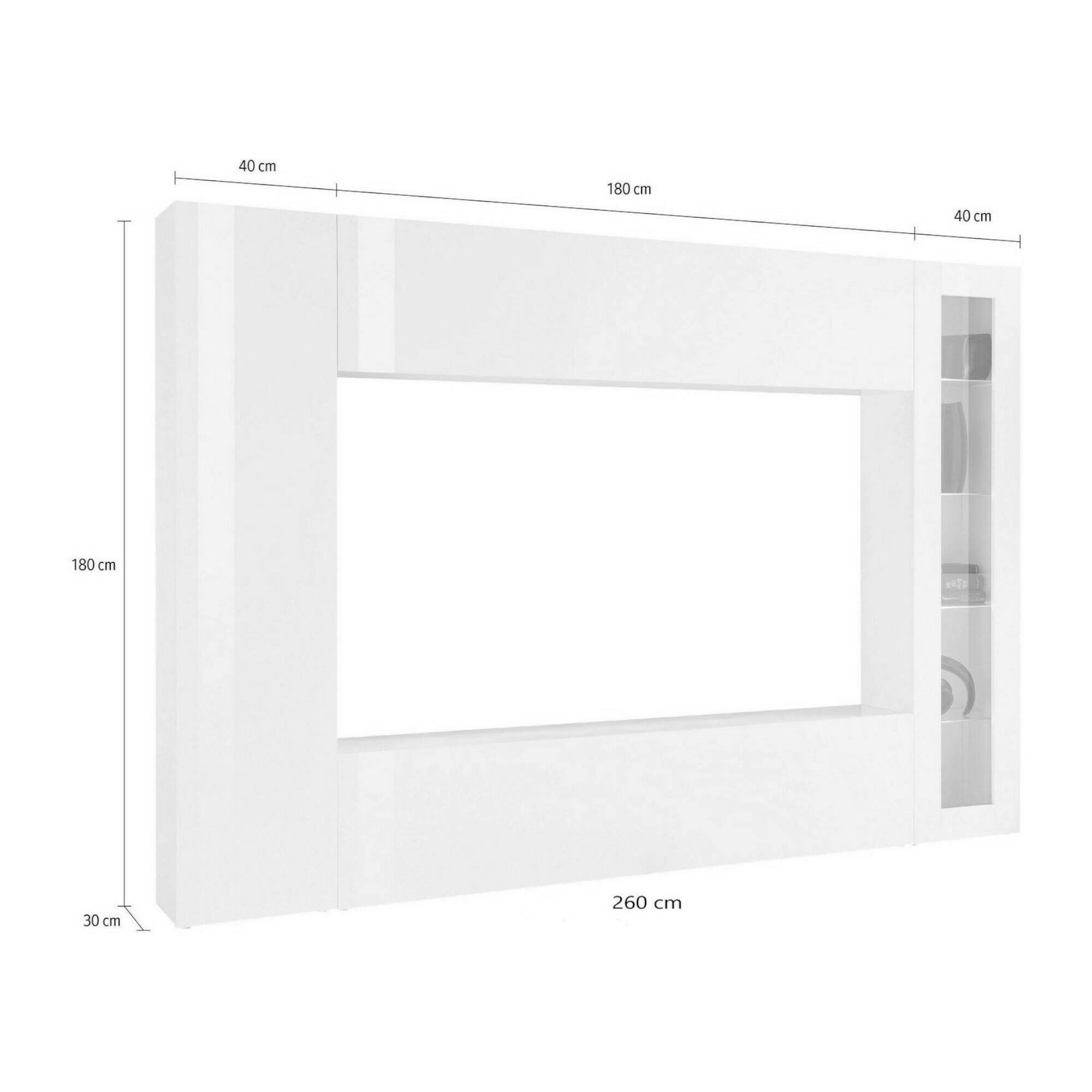 Parete attrezzata da soggiorno, Made in Italy, Base porta TV e pensili e scaffali, Set salotto moderno, cm 260x30h180, colore Bianco lucido, con luce LED blu ed una vetrina