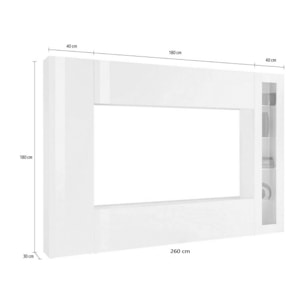 Parete attrezzata da soggiorno, Made in Italy, Base porta TV e pensili e scaffali, Set salotto moderno, cm 260x30h180, colore Bianco lucido, con luce LED blu ed una vetrina