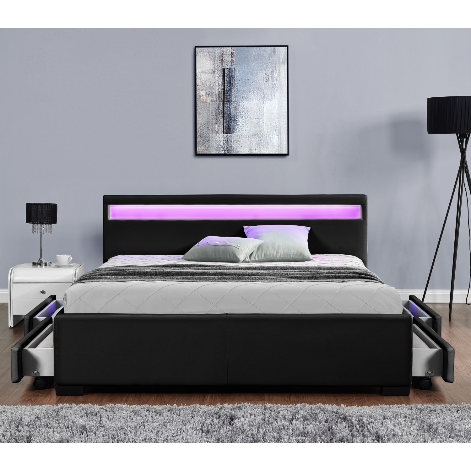 Structure de lit LED avec rangements 160 x 200 cm noir NEXUS
