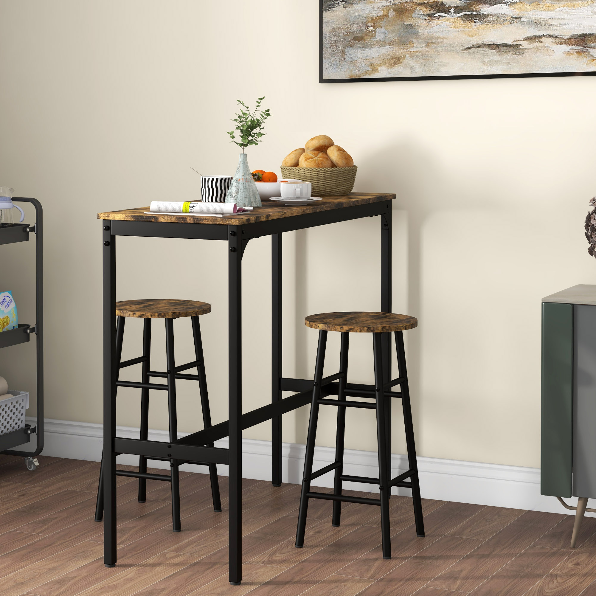 Conjunto Mesa Alta de Cocina con 2 Taburetes, Mesa Alta de Bar, Ahorro de Espacio, Marco de Acero, Estilo Industrial, para Comedor, Balcón o Isla Cocina, Marrón Rústico