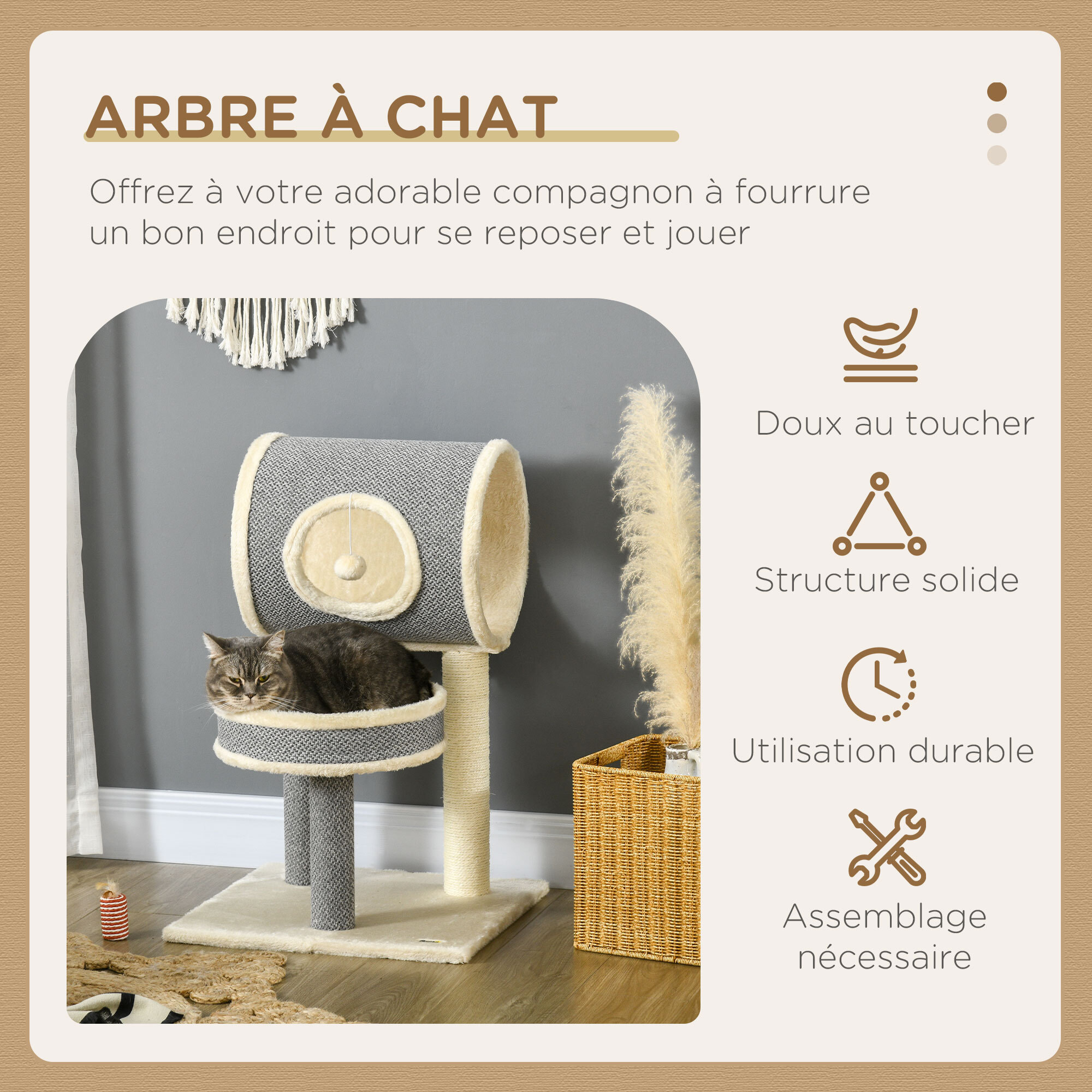 Arbre à chat style cosy chic griffoir sisal naturel plateforme tunnel jeu boule peluche courte aspect lin tressé gris