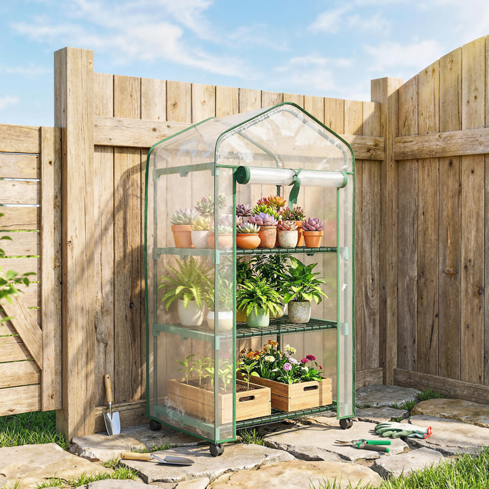 Mini serre de jardin 3 étagères porte enroulable 4 roulettes PE transparent