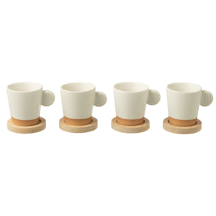J-Line Boite 4 Tasses A Cafe + Base Bambou Ceramique Blanc/Naturel