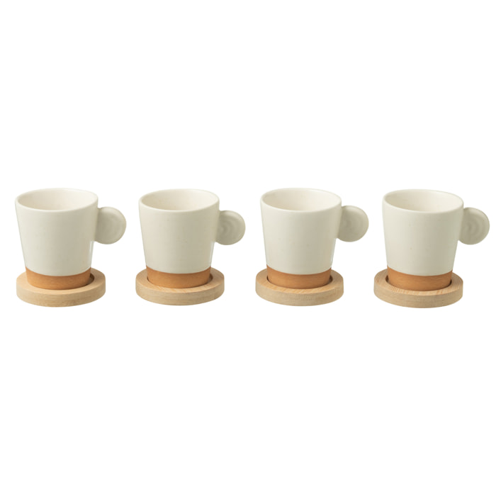 J-Line Boite 4 Tasses A Cafe + Base Bambou Ceramique Blanc/Naturel