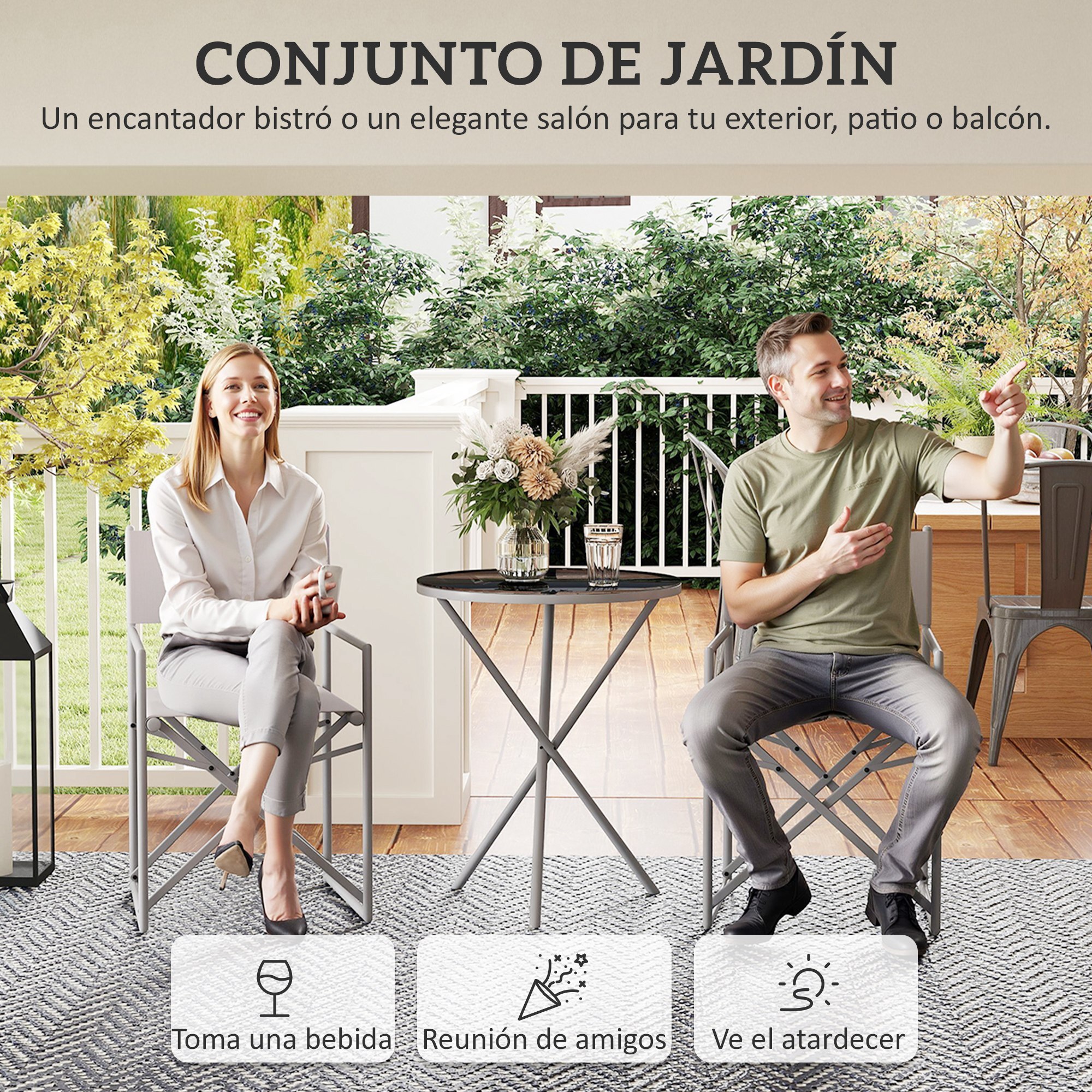 Conjunto de Muebles de Jardín de 3 Piezas Juego de Muebles de Balcón con 2 Sillas Plegables Mesa con Encimera de Vidrio Templado y Estructura de Acero para Terraza Patio Exterior Gris Oscuro