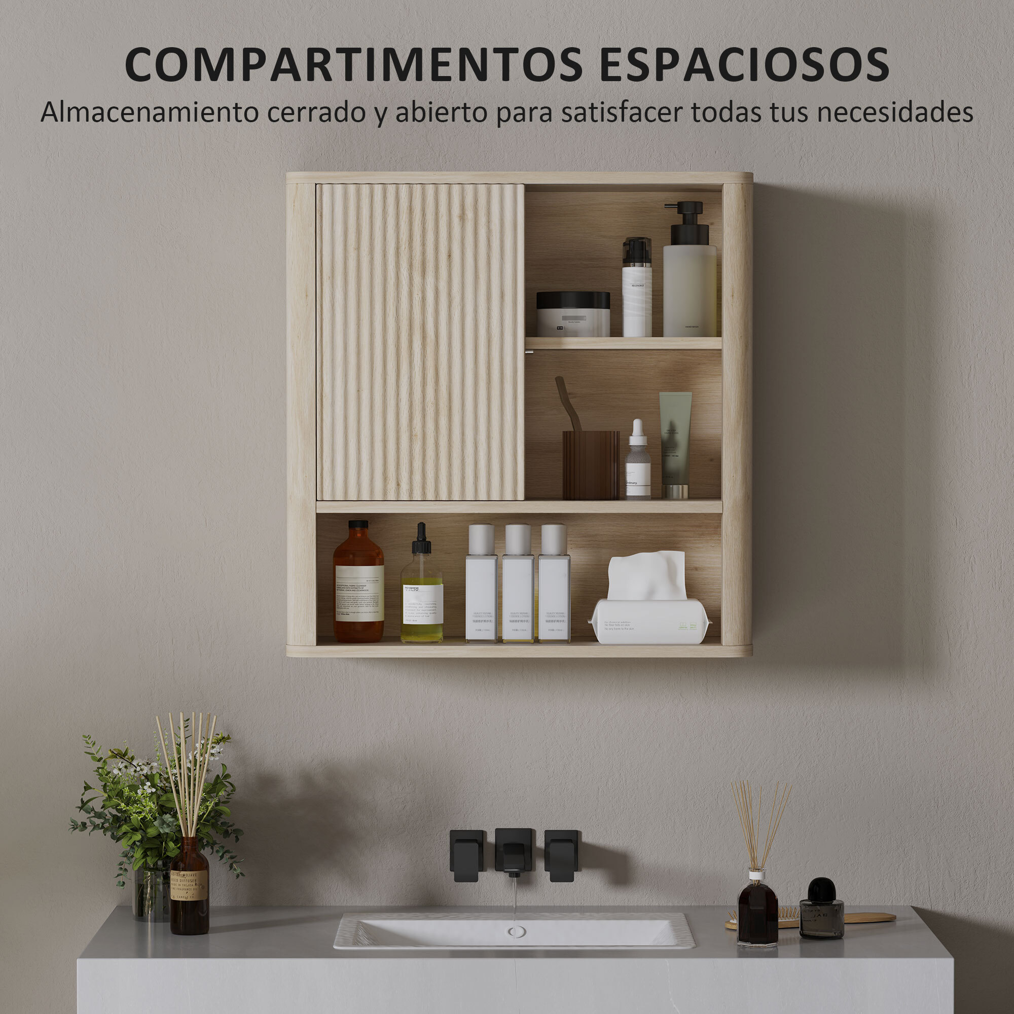 Armario de Baño de Pared Mueble de Baño Colgar con Estantes Ajustables Puerta Corredera Compartimentos y Diseño con Perfil Curvo 60x20x62 cm Natural