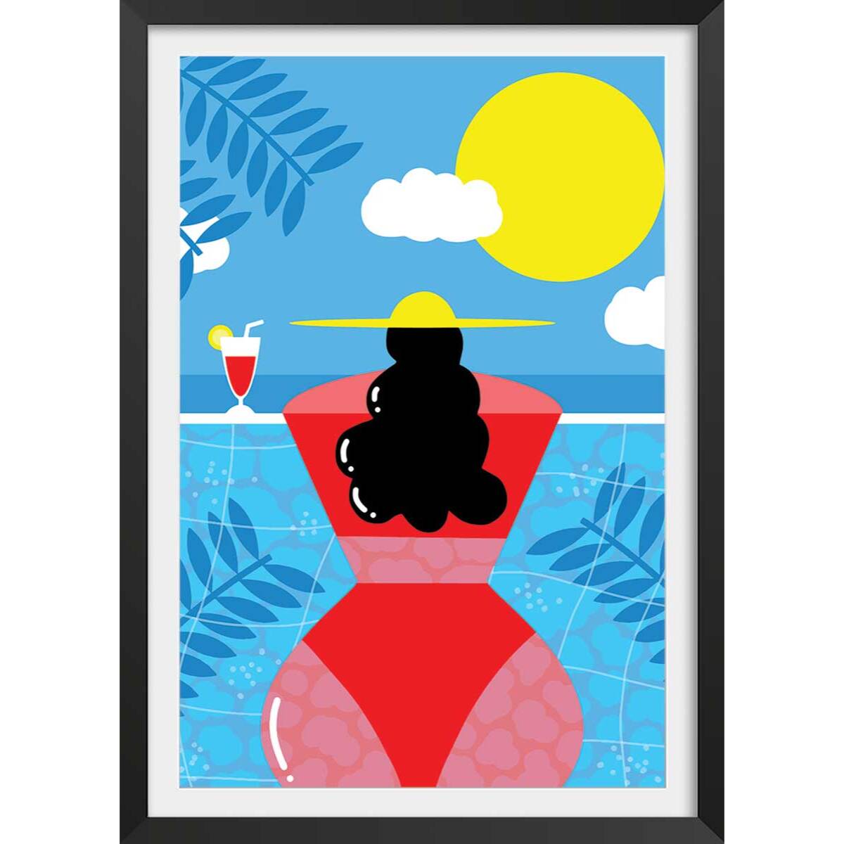 Affiche femme au bord de la piscine Affiche + cadre en bois - Noir