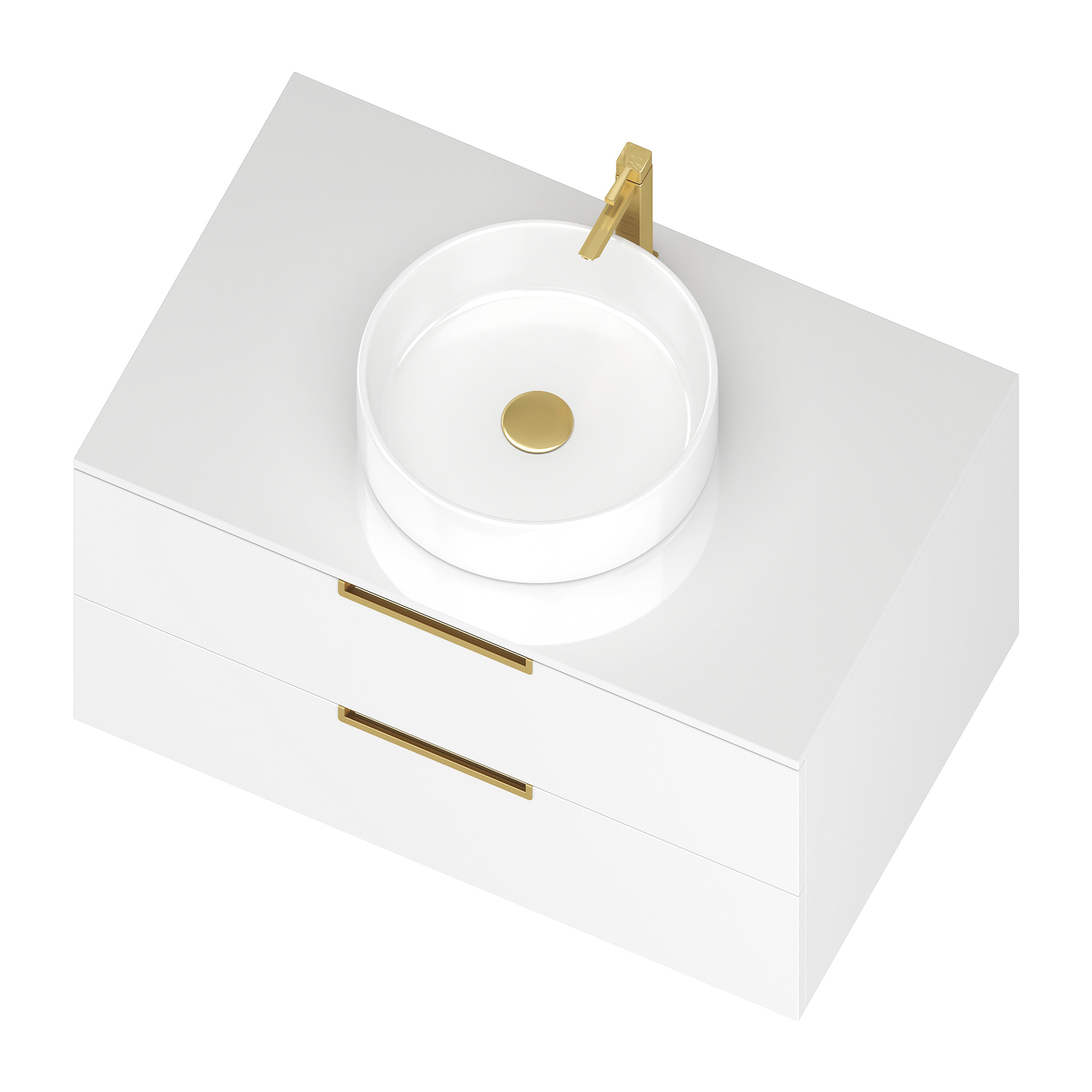 Meuble Salle de Bains 80 cm Laqué Blanc et Or Doré - 2 Tiroirs - Vasque Ronde à Poser Blanche