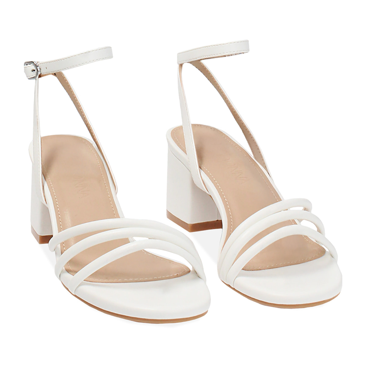Sandalo donna bianco, tacco largo 5,5 cm