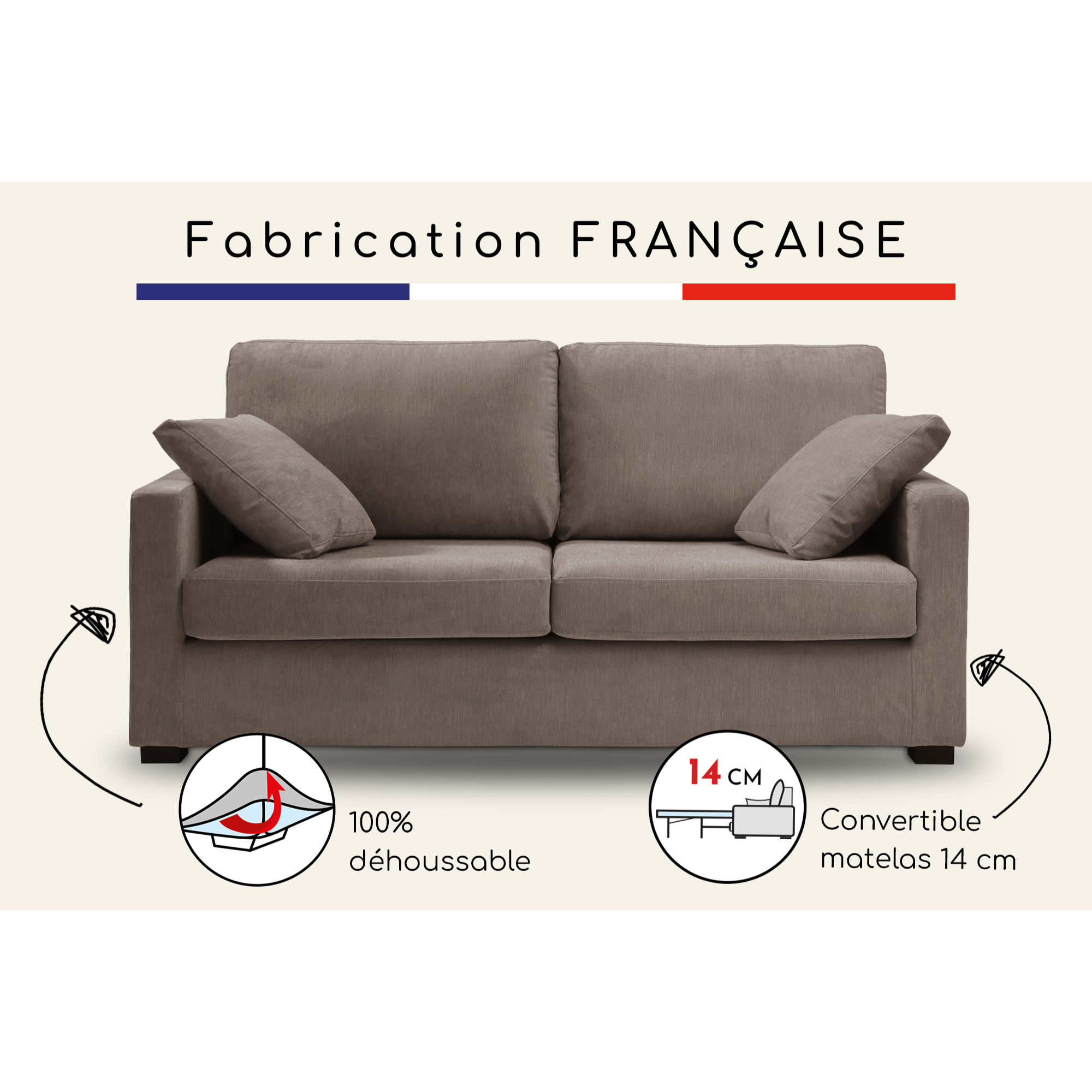 Canapé convertible 14 cm LYS 3 pl 185 cm tissu Moderne Taupe - Fabriqué en France