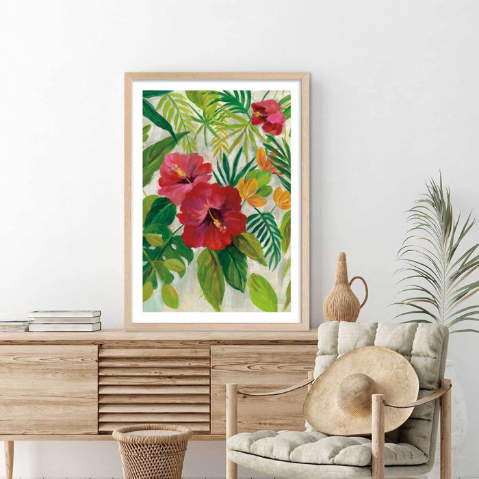 Poster Hibiscus des tropiques Affiche + cadre en bois - Chêne