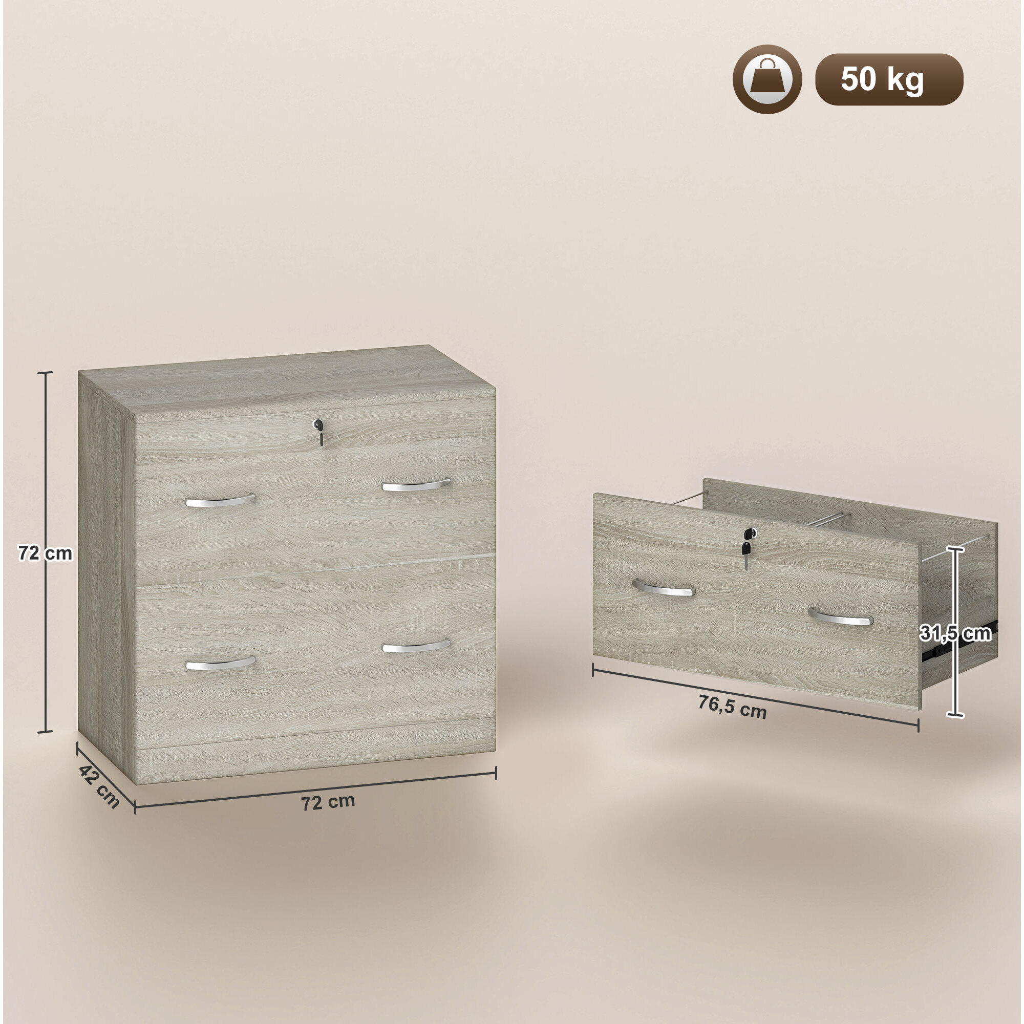 Cajonera de Escritorio con 2 Cajones Cajonera de Oficina con Guías para Carpetas Colgantes para A4 Cerradura y 2 Llaves para Estudio Salón 77x42x72 cm Natural