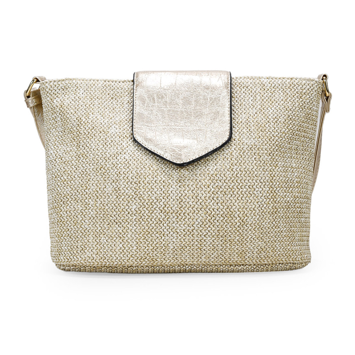 Bolso bandolera dorado en rafia con solapa