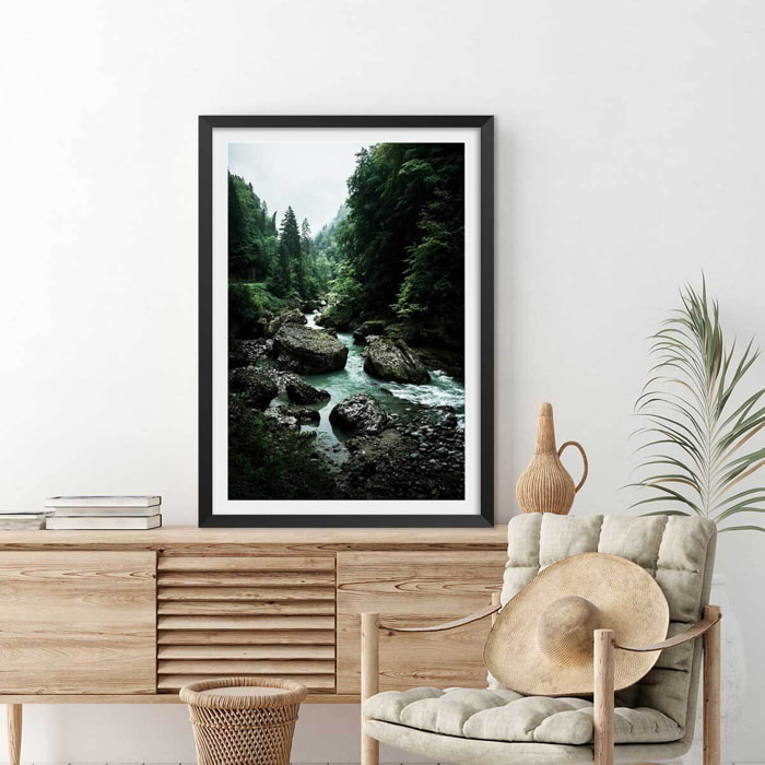 Affiche paysage riviere en montagne Affiche sous cadre noir