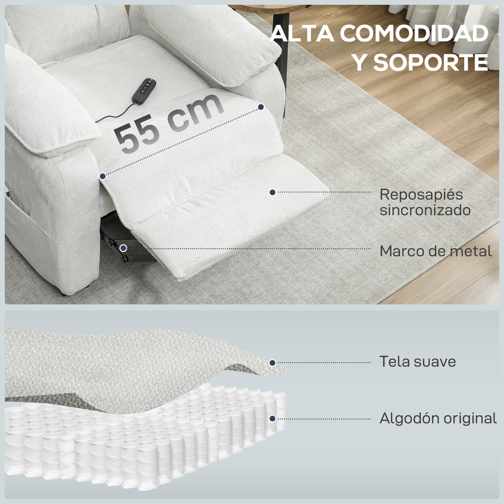 Sillón Relax Reclinable Eléctrico con Motor Silencioso, Sillón Reclinable de Terciopelo con Mando con 2 Posiciones de Memoria, Reposapiés, Reposacabezas, Puerto USB, Bolsillos, Blanco Crema
