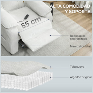 Sillón Relax Reclinable Eléctrico con Motor Silencioso, Sillón Reclinable de Terciopelo con Mando con 2 Posiciones de Memoria, Reposapiés, Reposacabezas, Puerto USB, Bolsillos, Blanco Crema