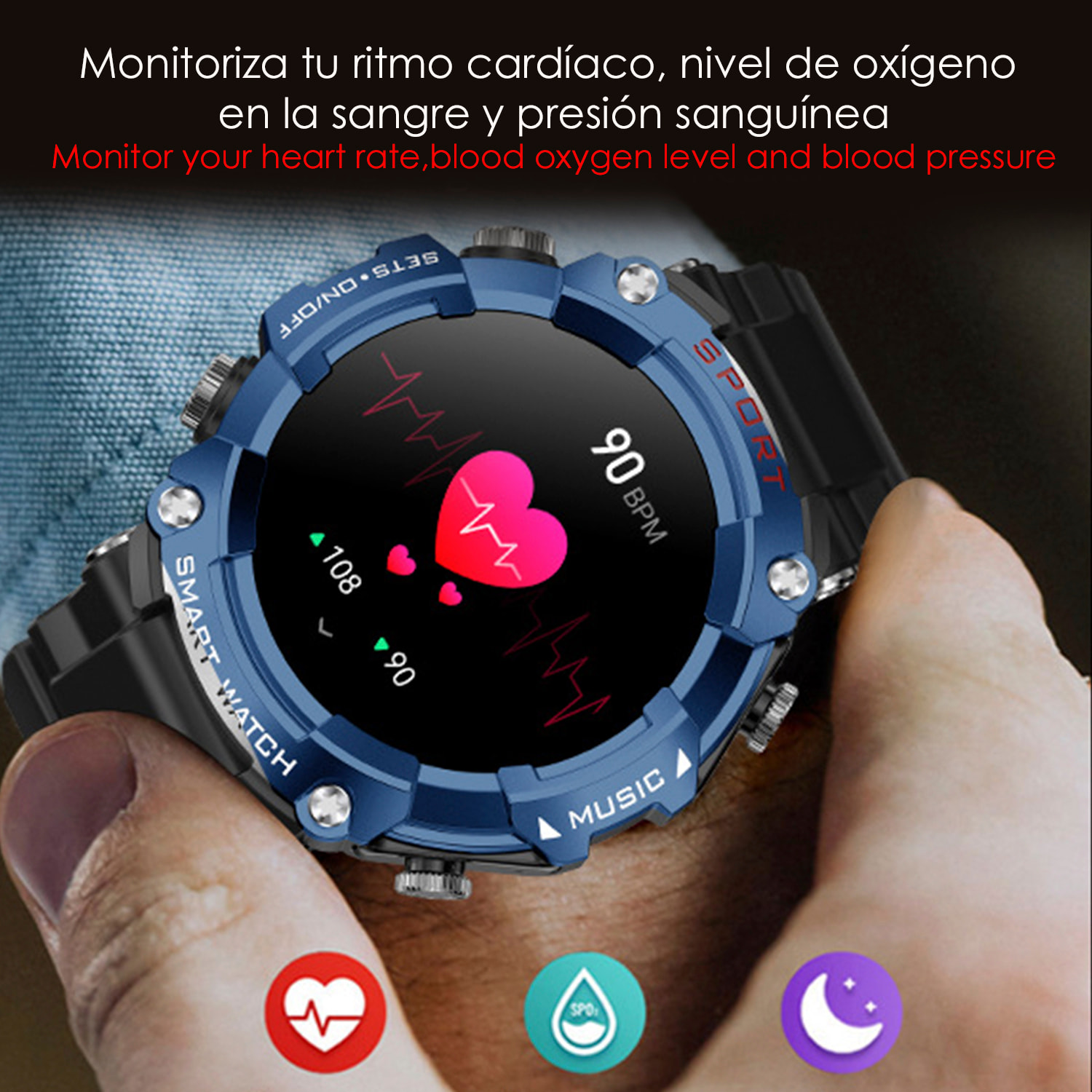 Smartwatch T96 con cuffie TWS integrate. Riproduzione musicale dallo smartwatch stesso e dall'esterno. Funzioni sportive e salute.